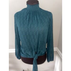 Express‎ Teal Mock Neck Sheer Textured Chiffon Tie Front Womens Blouse XS